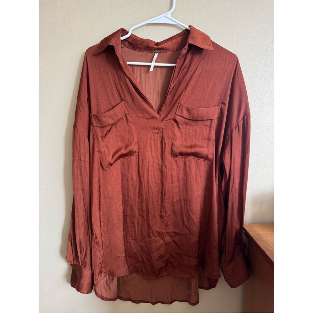 Free People Burnt Orange Satin Blouse V-Neck Long Sleeve Flowing Boho Top Small